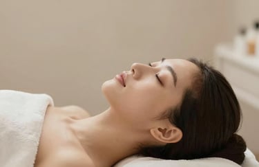 A patient relaxing during a facial treatment, expressing peace and wellness. Soft lighting, neutral beige tones (#DDCDBB).