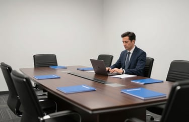 A crisp photograph of a professional meeting in a North American / US boardroom. Minimalist pure white walls, deep black furniture, and vibrant blue documents. Sophisticated atmosphere.