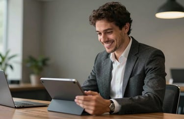 A satisfied customer in a Sul-Americano / Brasileiro business setting, smiling while reviewing a project on a modern tablet.