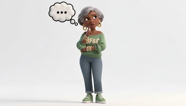 3D cartoon of a thinking senior Black woman with a thought bubble on a white background.