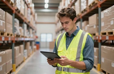 A logistics professional in a high-visibility vest using a tablet to manage inventory in a clean, modern North American distribution hub.