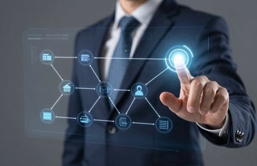 A corporate professional hand interacting with a glowing digital logistics interface showing supply chain nodes, dark blue and sky gray.
