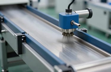 A professional close-up of a high-speed automated sorting conveyor in a clean facility, sharp focus on movement, steel blue and light silver.