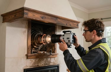 A technician using a high-tech chimney camera to inspect the interior flue of a fireplace, wearing professional safety gear, in a US residence.
