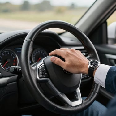 A professional driver's hand on a leather steering wheel, wearing a white cuff and a classic watch. Clean and sharp composition in a South American / Brazilian setting.