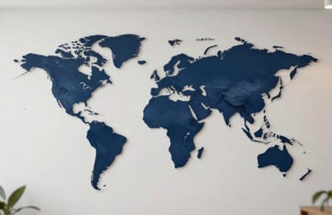 A minimalist representation of global trade routes shown on a world map in a modern corporate lobby, navy blue and soft white colors.