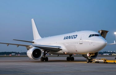A sleek cargo aircraft being loaded on a modern airfield tarmac during twilight, slate blue sky and soft white aircraft lights.