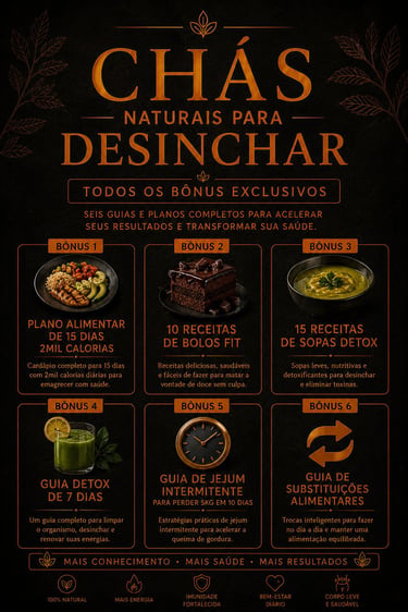 Infográfico de bônus exclusivos para chás naturais para desinchar com planos de emagrecimento e receitas saudáveis.