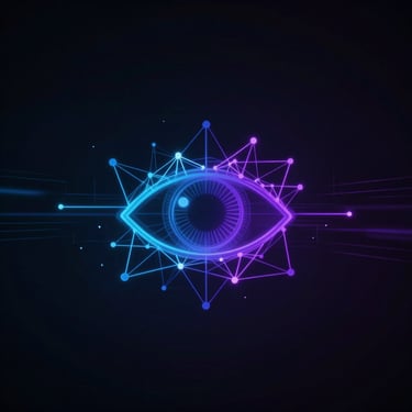 Digital eye icon with blue and purple glowing neural network nodes representing artificial intelligence and vision.