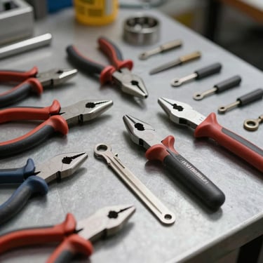 A neat display of various locksmith tools like pliers, files, and key blanks arranged on a clean gray metallic surface in a professional Brazilian workshop.