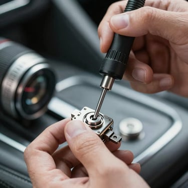 A close-up shot of hands using a specialized tool to decode an automotive ignition lock, showing professional expertise and modern locksmithing technology.