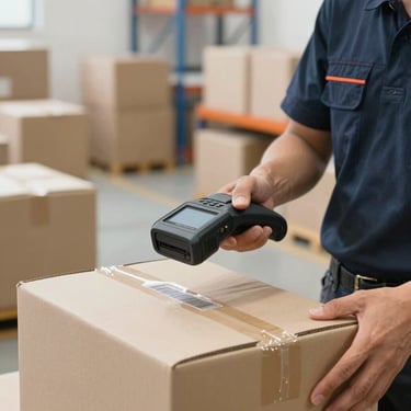An action shot of a professional worker in a logistics facility scanning a barcode on a cardboard box using a handheld device. Modern technology, bright and clean workspace.
