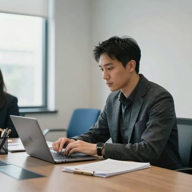 Photography of a focused one-on-one consulting session in a bright North American meeting room with Steel Blue accents and soft natural light.