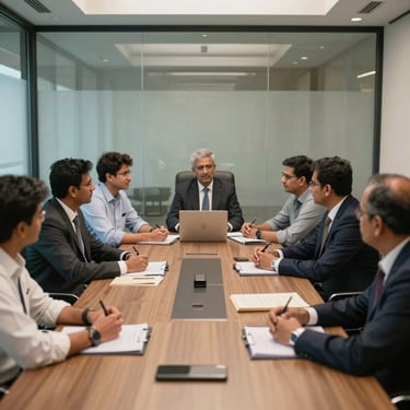A wide shot of a collaborative strategy meeting in a glass-walled conference room in Ahmedabad, South Asian / Indian professionals in business attire.