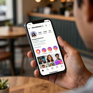 A smartphone held by a person in a trendy Ahmedabad cafe, displaying a vibrant and professional Instagram business profile, soft natural lighting.