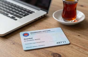 A professional desktop setup in an Istanbul office featuring a neatly placed residence permit card, a laptop, and a cup of Turkish tea, suggesting a friendly yet efficient work environment. Lighting is natural and warm.
