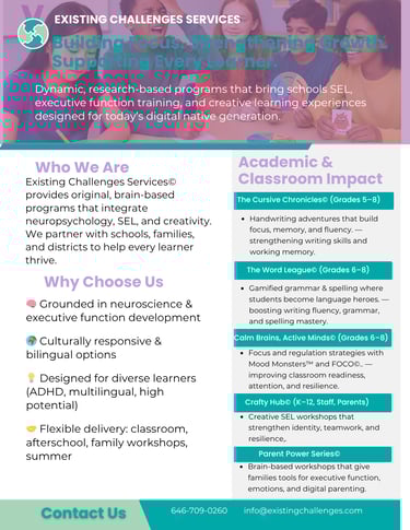Existing Challenges overview flyer with programs, executive function support, and social-emotional learning for schools