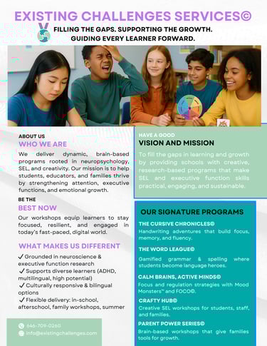 Existing Challenges overview flyer with programs, executive function support, and social-emotional learning for schools