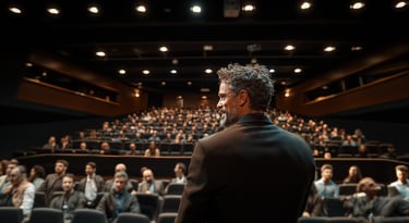 Aspiring speaker presenting confidently to an audience while building a personal brand online.