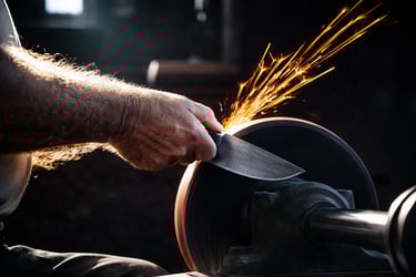 Blade being sharpened on a grinder with sparks flying during the sharpening process
