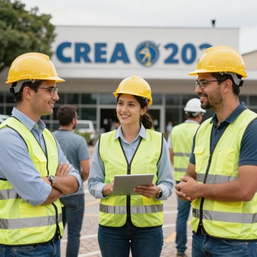 Group of safety engineers discussing plans at a construction site with safety gear on.