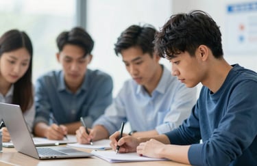 A close-up of students working together on a project, showcasing focus and collaboration. Bright, airy lighting with accents of #70A2B6, reflecting academic excellence.