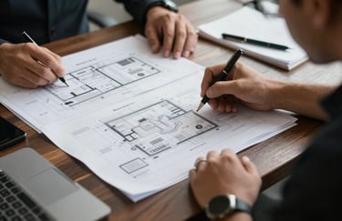 Detailed photography of a tactical planning session on a dark wood table with technical documents and blueprints. Professional Latin American setting.