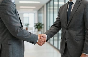 Two business professionals in formal oxford grey attire shaking hands in a bright, modern corridor of a corporate office in Latin America.