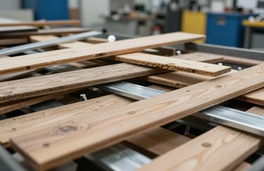 Close up of sorted recyclable materials like wood and metal in a clean facility, sharp focus, industrial North American / US - Bay Area, California style.