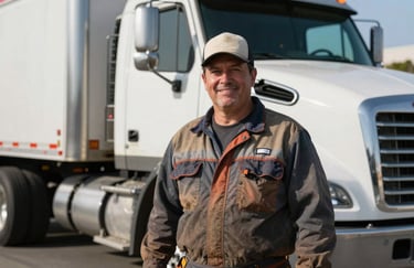 Portrait of a friendly hauling professional standing by a truck, North American / US - Bay Area, California setting, wearing professional work gear.