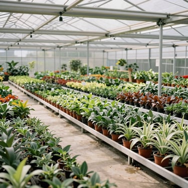 Wide-angle view of a modern, organized North American agricultural nursery with rows of plants, clean layout, daylight, professional and grounded style.