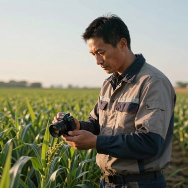 Portrait of a focused supervisor checking crop quality in a North American field, wearing professional work gear, late afternoon sun, cinematic lighting.