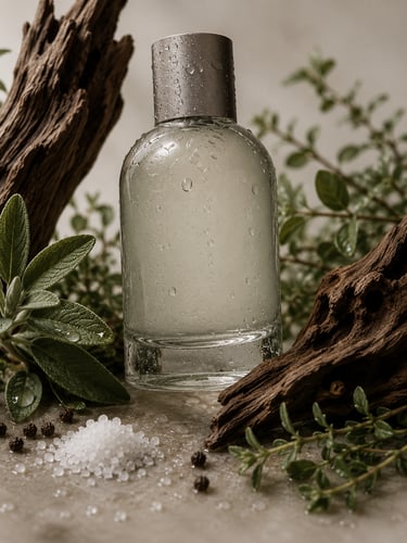 Luxury perfume bottle with water droplets, surrounded by fresh herbs, sea salt, and rustic driftwood.