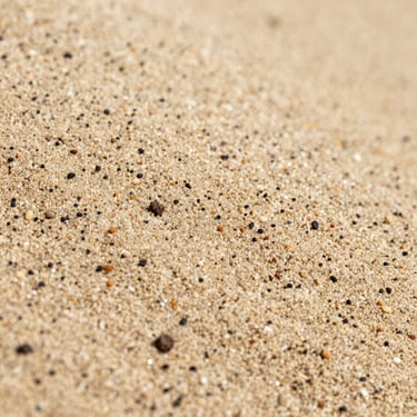 High-resolution macro shot of construction sand texture, showing fine beige and tan grains, natural outdoor lighting, professional architectural photography.