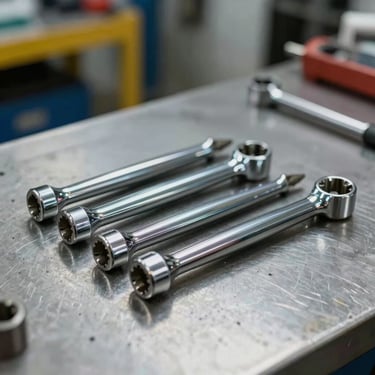A macro photograph of high-quality chrome automotive tools resting on a clean metallic workbench in a professional North American garage setting.