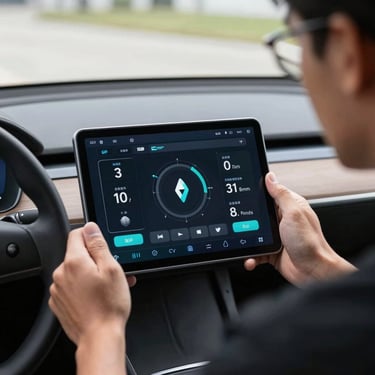 A modern vehicle dashboard with a diagnostic interface displayed on a technician's tablet in a North American setting, showing data accuracy.