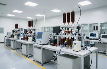 A wide photography of a modern, bright industrial testing facility for high-voltage energy systems, clean environment, professional atmosphere, Spanish / Global.