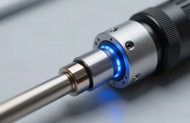 A detailed close-up of a new electrical invention prototype, sleek metallic components with integrated blue LEDs on a clean light gray surface, Spanish / Global.