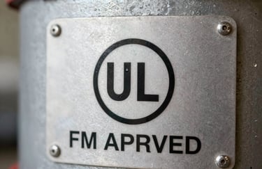 Close up of a metal plaque showing UL Listed and FM Approved certification marks on industrial fire equipment, professional and trustworthy lighting.