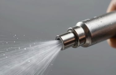 Macro shot of industrial foam nozzle with water and foam mixture beginning to spray, high-speed photography, sharp focus, metallic finish.