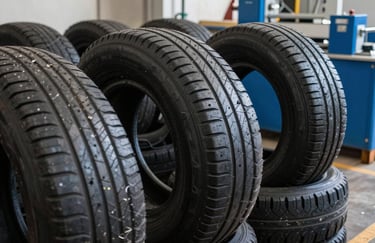 A detailed photograph of a stack of car tires being sorted for recycling in a Spanish facility. The composition focuses on the textures of the rubber and the steel blue equipment in the background under clear, bright light.