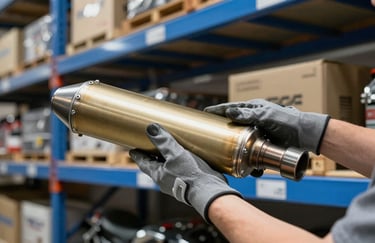 A close-up of a worker's hands wearing professional grey gloves, holding a polished gold-colored motorcycle exhaust pipe in a Spanish warehouse. The background is a clean, steel blue industrial shelf.