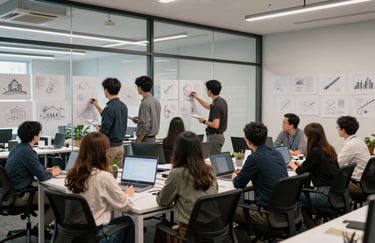 A wide shot of a collaborative design session in a North American office with sketches on a glass wall and people working in a professional atmosphere.
