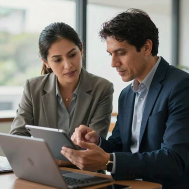 Two professional colleagues in a South American office environment discussing data on a digital tablet. They are wearing business casual clothing, and the interaction is friendly yet professional. Soft natural light from a window.