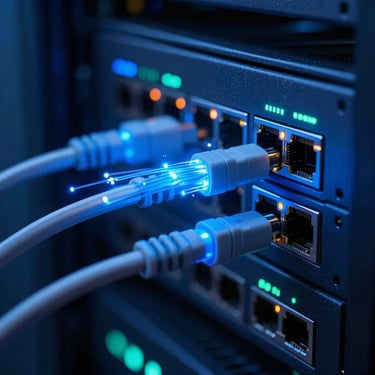 A macro shot of glowing blue fiber optic cables and high-speed network status lights in a modern data center in Brazil. The lighting is deep blue and tech-oriented, representing reliability and advanced infrastructure.