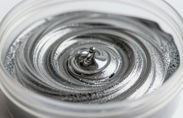Macro shot of liquid epoxy resin being mixed with metallic pigments, showing swirls of silver and charcoal gray in a clean container, illustrating the sophisticated materials used.