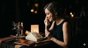 Smiling woman recording a message on a vintage rotary phone audio guestbook at a wedding reception.
