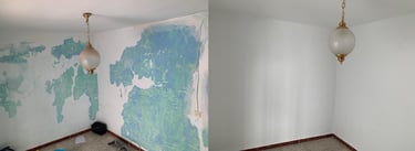 Pared antes y después de pintura profesional en piso de Cáceres