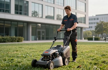 A professional groundskeeper in work attire using a modern mower on a lush green lawn outside a sleek German office building. Soft morning light, emphasis on efficiency and order.