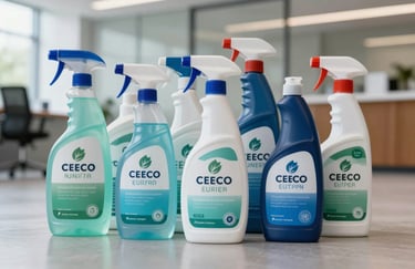 A neatly arranged set of high-quality, eco-friendly professional cleaning supplies on a polished floor in a bright Central European / German office lobby. Color palette of Pale Aqua and Dark Slate Blue.
